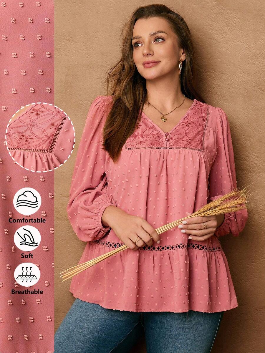Rosumi Blusa holgada de talla grande para mujer con mangas de farol, bordado hueco y dobladillo con volantes - Rosa coral - Ver 1