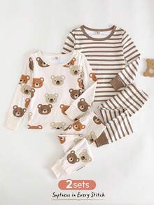 Cozy Pixies 4件套婴儿男女童贴身睡衣套装，卡通熊图案和条纹印花，柔软针织圆领长袖上衣和松紧腰长裤，弹性面料，四季皆宜