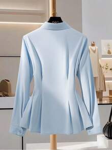 SHEIN 女式优雅纯色 3D 蝴蝶装饰收腰长袖衬衫 - 藍色 - 查看 2