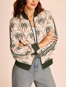 CAJUNI 女士棕榈树印花长袖休闲棒球夹克，秋季 - 黑色 - 查看 6