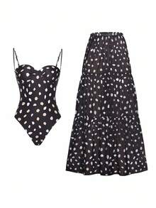 Swim Oasis 1pc Women's Fashion Print Spaghetti Strap Backless Drawstring Beach Vacation Mesh Sarong Swimsuit