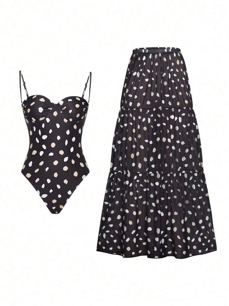 Swim Oasis 1pc Women's Fashion Print Spaghetti Strap Backless Drawstring Beach Vacation Mesh Sarong Swimsuit