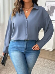 Vionelle 加大码女式纯色 V 领落肩宽松衬衫，春秋季，适合感恩节女式衬衫 - 霧霾藍 - 查看 6