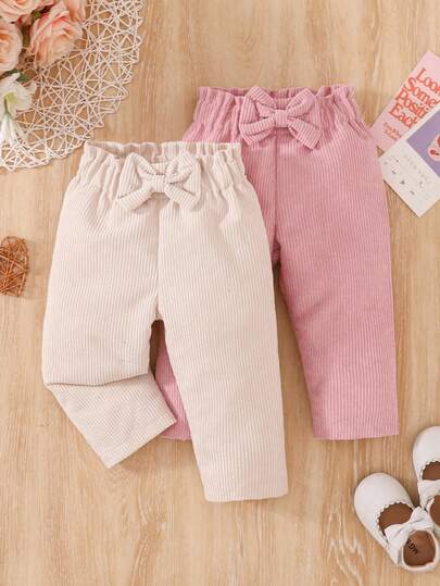 SHEIN Vintaside Kids 女婴时尚灯芯绒蝴蝶结裤，休闲长裤，适合春秋及所有季节