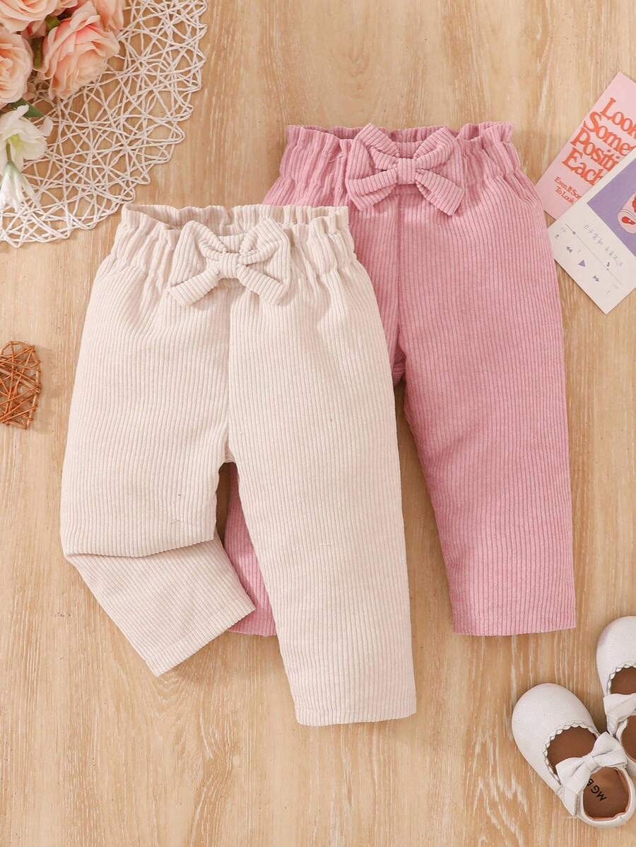 SHEIN Vintaside Kids 女婴时尚灯芯绒蝴蝶结裤，休闲长裤，适合春秋及所有季节 - 彩色 - 查看 1