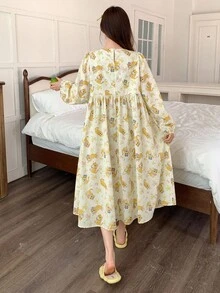 DAZY 可爱卡通印花方领泡泡袖宽松女式睡袍，适合秋季睡衣 - 黃色 - 查看 2