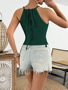 INAWLY Casual Vacation Fitted Waffle Lace Patchwork Tie-Up Camisole - Dark Green - View 2