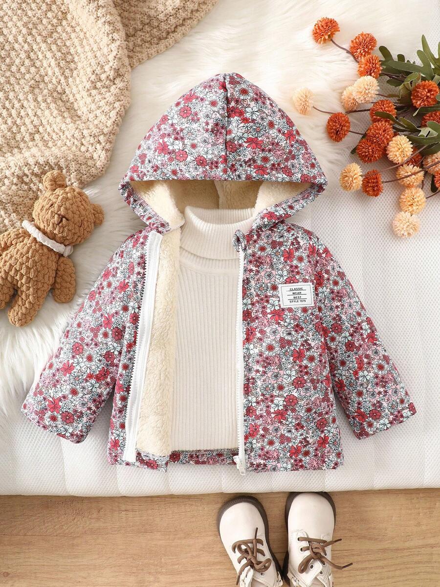 SHEIN Vintaside Kids 复古碎花连帽夹克,适合女婴,拉链开合,保暖内衬,休闲时尚冬季外套 - 酒紅色 - 查看 1