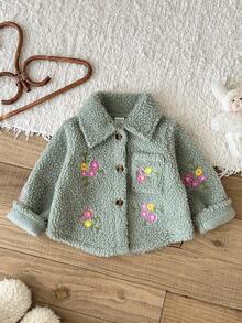 SHEIN 女婴厚羊毛刺绣花领外套夹克，秋冬 - 綠色 - 查看 5