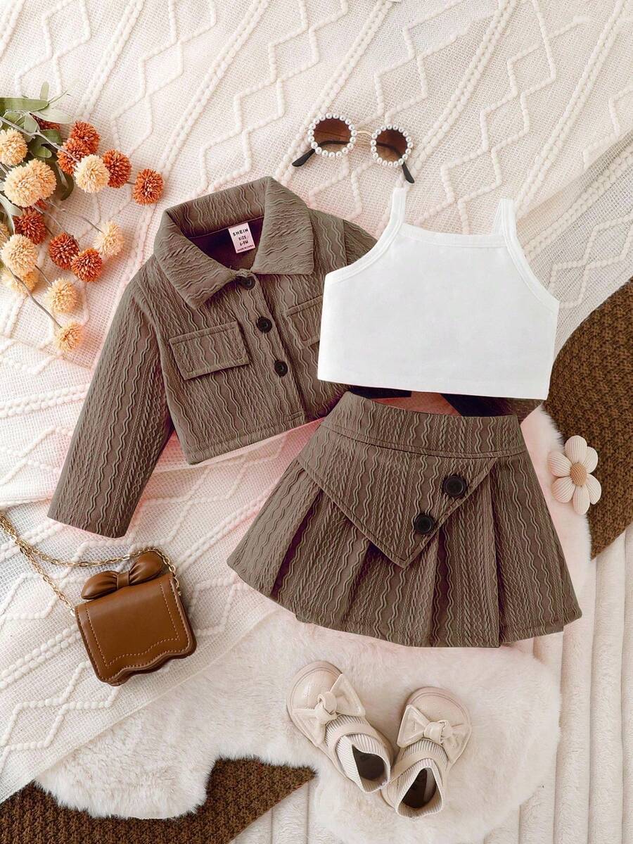 SHEIN 3 件套女孩优雅复古服装：带有精致玫瑰纽扣和 A 字裙的夹克，适合春秋季 - 咖啡棕 - 查看 1