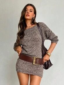 Aloruh 女装秋冬新款粗花呢棕色优雅休闲船领宽松长袖迷你修身连衣裙 - 咖啡棕 - 查看 4