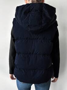EURMUSE Chaleco con capucha con cremallera y cordón de unicolor para mujer, chaqueta de invierno de ajuste regular - Azul Marino - Ver 2