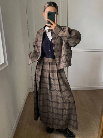 DAZY 女士休闲复古格子宽松立领长袖夹克和百褶裙羊毛两件套，秋冬