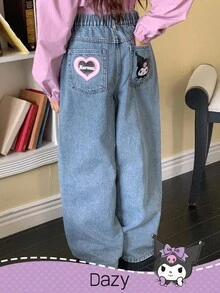 DAZY HELLO KITTY AND FRIENDS | SHEIN Tween Girl Casual Heart Patch Slant Pocket Straight Leg Jeans - Light Wash - View 3