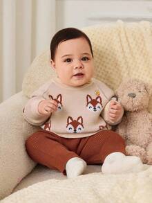 Cozy Pixies Newborn Baby Boy/Girl Cartoon Fox Pattern Crew Neck Long Sleeve Sweater And Elastic Waist Pants 2-Piece Set Fall Winter Baby Set Autumn Winter Season Baby Knitwear Baby Clothes Girl Fall Sweater Mocha Baby Clothes Baby Girl Brown Outfit