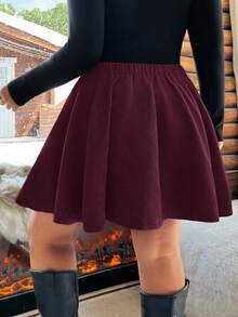 SHEIN EZwear Plus Size Solid Color Wine Red Button Decor A-Line Skirt, Autumn Fall - Burgundy - View 2