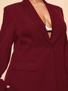 SHEIN BAE Women's Plus Size Elegant Black Slim Fit Long Sleeve Suit Jacket, Perfect For Going Out/Winter - Maroon - View 7