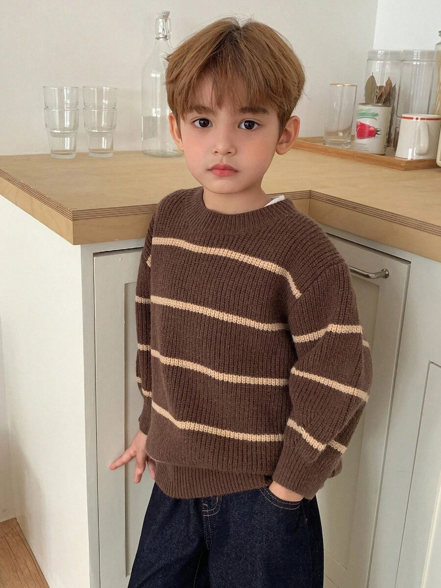 Hapijoa Young Boy Striped Round Neck Drop Shoulder Long Sleeve Casual Loose Sweater, Autumn/Winter - Brown - View 1