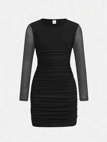 Firerie Kids Firerie Kids Tween Girls Black Solid Color Round Neck Long Sleeve Mesh Mini Snug Fit Ruched Dress, Autumn/Winter Mesh Dress Women Long Sleeve Dress Bodycon Dress Black Dress Long Sleeve Dress - Black - View 3