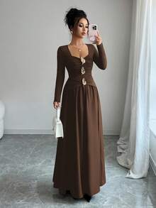 Elenzga 女士时尚金属装饰长裙，适合通勤 - 棕色 - 查看 3