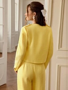 Aveloria 女士优雅两件套：圆领粗花呢夹克，金属纽扣装饰仿口袋和裤子，秋季