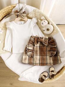 Vintaside Kids 3件套女婴休闲乡村风白色罗纹圆领荷叶边上衣、卡其色格子裙和蝴蝶结发带套装，适合日常穿着，秋冬季女婴服装 - 彩色 - 查看 5