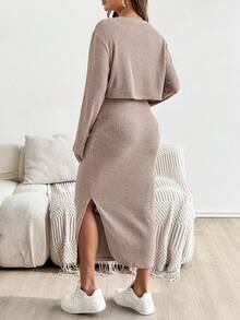 SHEIN 孕妇纯色圆领短袖上衣和裙子两件套 - 粉色 - 查看 2