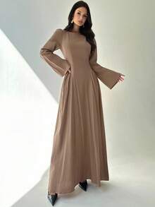 Firerie Váy cotton nguyên chất màu nâu, dáng chữ A, cổ thuyền, eo thắt, tay loe, đơn giản, phong cách đường phố, thời trang thu đông dành cho nữ - màu nâu - Xem 7