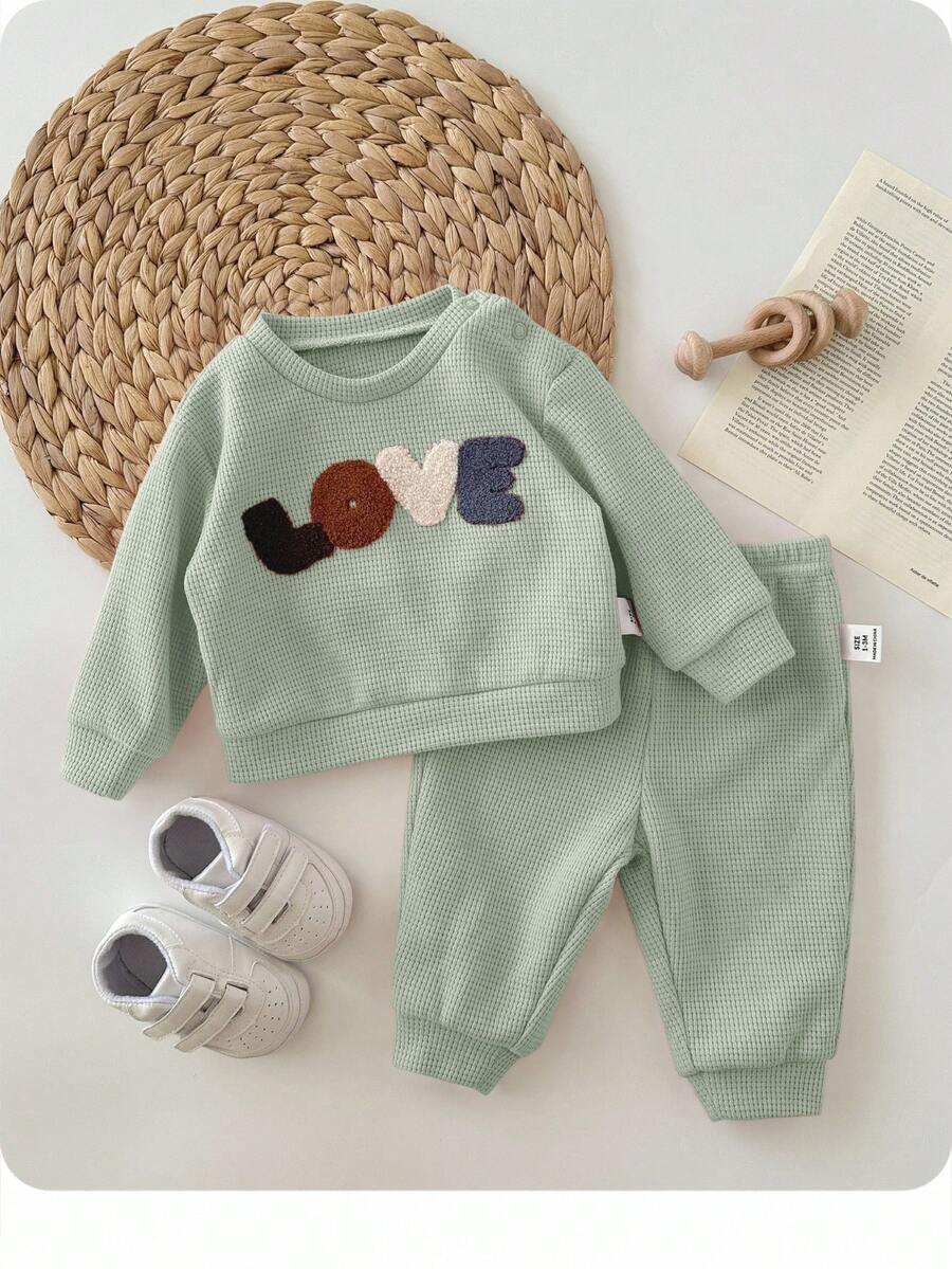 SHEIN Newborn Baby Letter Embroidered Sweatshirt And Sweatpants Set - Mint Green - View 1