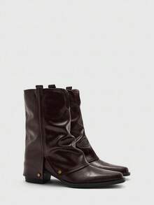 CUCCOO BIZCHIC Giày bốt cưỡi ngựa cao đến giữa bắp chân màu nâu đậm | Điểm nhấn đinh tán kép | Gót cao 5cm | Kết cấu nhăn tự nhiên | 2 đôi, kiểu dáng da sang trọng - màu nâu - Xem 6