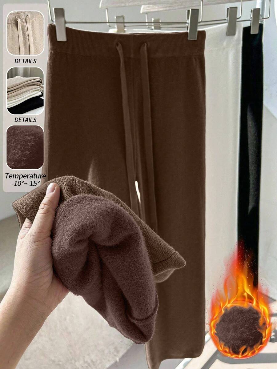 Franclia 全新女式高腰抽绳休闲直筒阔腿裤，保暖内衬厚针织长裤 - 駝色 - 查看 1