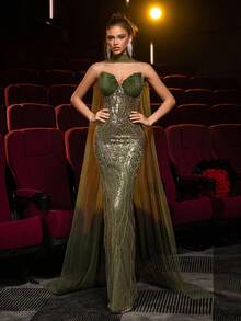Glamrae Váy dạ hội trang trọng đuôi cá mỏng manh thêu sequin xanh đậm sang trọng, cổ áo vỏ sò satin - màu xanh lá - Xem 5