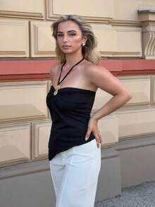 Jeta Ari Women's Summer Solid Color Ruched Asymmetric Hem Fashion Halter Camisole - Black - View 5