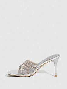 CUCCOO SZL Women's Fashion Square Toe Silver Rhinestone Embellished Stiletto Heel Party Sandals - Silver - View 5