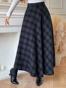 DAZY 女士优雅格子半身裙，适合通勤，秋冬季穿着 - 藏蓝色 - 查看 5