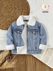 SHEIN Vintaside Kids 女童牛仔夹克和外套，全新秋冬系列，中蓝色牛仔布，学院风，可爱优雅，修身休闲，可拆卸荷叶边袖口和衣领，柔软棉质衬里，适合日常穿着、派对、旅行、返校