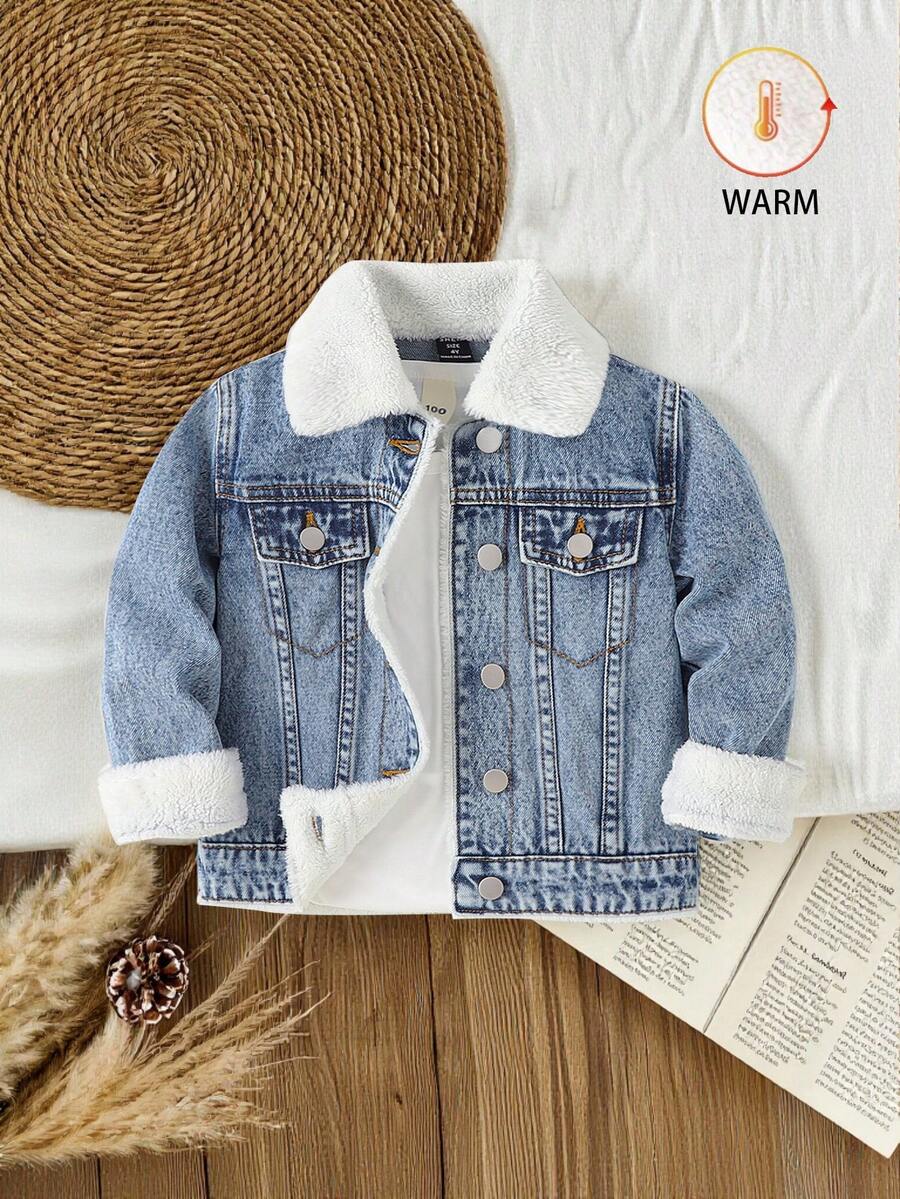 SHEIN Vintaside Kids 女童牛仔夹克和外套，全新秋冬系列，中蓝色牛仔布，学院风，可爱优雅，修身休闲，可拆卸荷叶边袖口和衣领，柔软棉质衬里，适合日常穿着、派对、旅行、返校