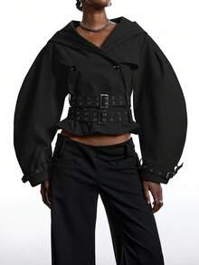 LYSMO 2025新款极简主义秋季女式黑色时尚夸张设计超大连帽长袖夹克飞行员夹克，适合万圣节装扮、商务休闲、返校季、Y2K风格、街头哥特风披风等场合，温暖舒适，适合秋冬季穿着。 - 黑色 - 查看 5