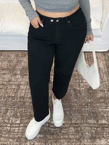 Dazy Plus Plus Size Women Dark Wash Slim Straight Leg Two-Button Jeans, Fashionable, Suitable For All Seasons - Black - View 3