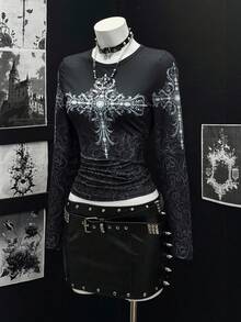 EgrlEra Camiseta de manga larga con cuello redondo y estampado punk negro para mujer - Negro - Ver 3