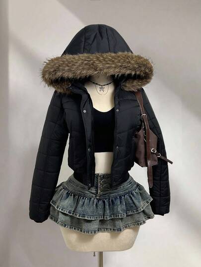 Elamini Women's Elegant Casual Hooded Patchwork Contrast Color Fuzzy Long Sleeve Padded Coat, Versatile For Autumn/Winter Daily Wear