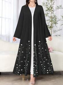 SHEIN Najma 女式花卉印花黑色长袖休闲阿拉伯长袍，春秋款