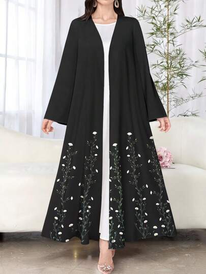SHEIN Najma ชุดคลุมยาวสตรีลายดอกไม้สีดำแขนยาวสไตล์อาหรับลำลองสำหรับฤดูใบไม้ผลิ/ใบไม้ร่วง