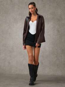 SHEIN BAE Áo khoác da PU dài tay trễ vai màu trơn cho nữ, áo khoác xuân thu thu cho nữ, áo khoác mùa đông cho nữ, áo khoác da màu đỏ tía, áo khoác mùa thu, áo khoác da dự tiệc cho nữ, thích hợp để đi du lịch và trở lại trường học - Màu nâu Sô-cô-la - Xem 5