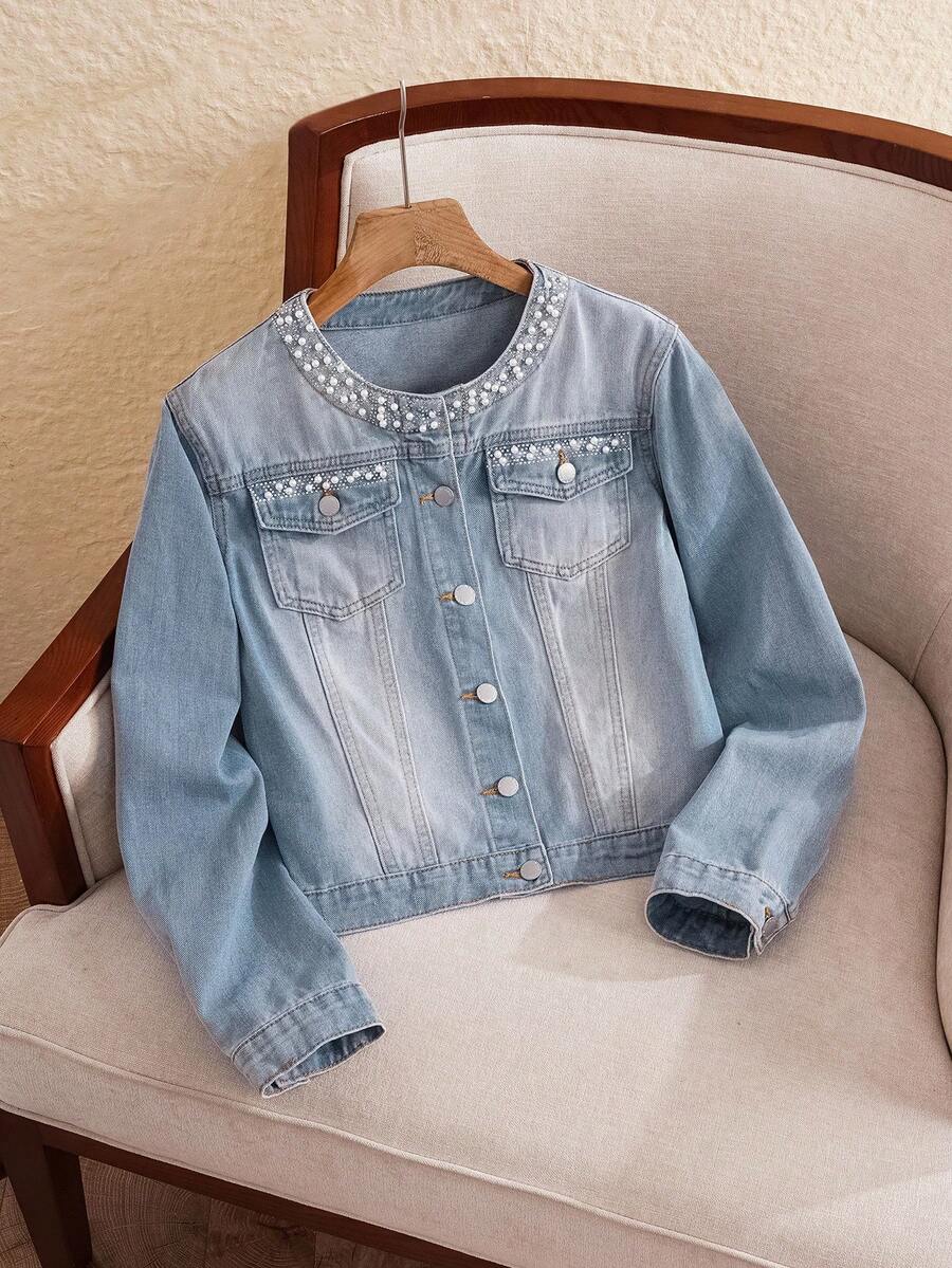 EMERY ROSE Women's Autumn Faux Pearl Decor Single-Breasted Casual Denim Jacket Pearl Embellished Denim Jacket Jean Jacket With Pearl Collar Light Wash Denim Jacket Women Denim Jacket Cropped Denim Jacket Jean Jacket For Women Denim Jacket For Women Women Light Wash Denim Jacket Women Jean Jacket Long Sleeve Denim Jacket Beaded Denim Jacket - Light Wash - View 1