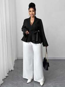 Maweii Plus Size Elegant V-Neck Crossed Bowknot Ruffle Hem Long Sleeve Casual Outerwear For Autumn/Winter - Black - View 6