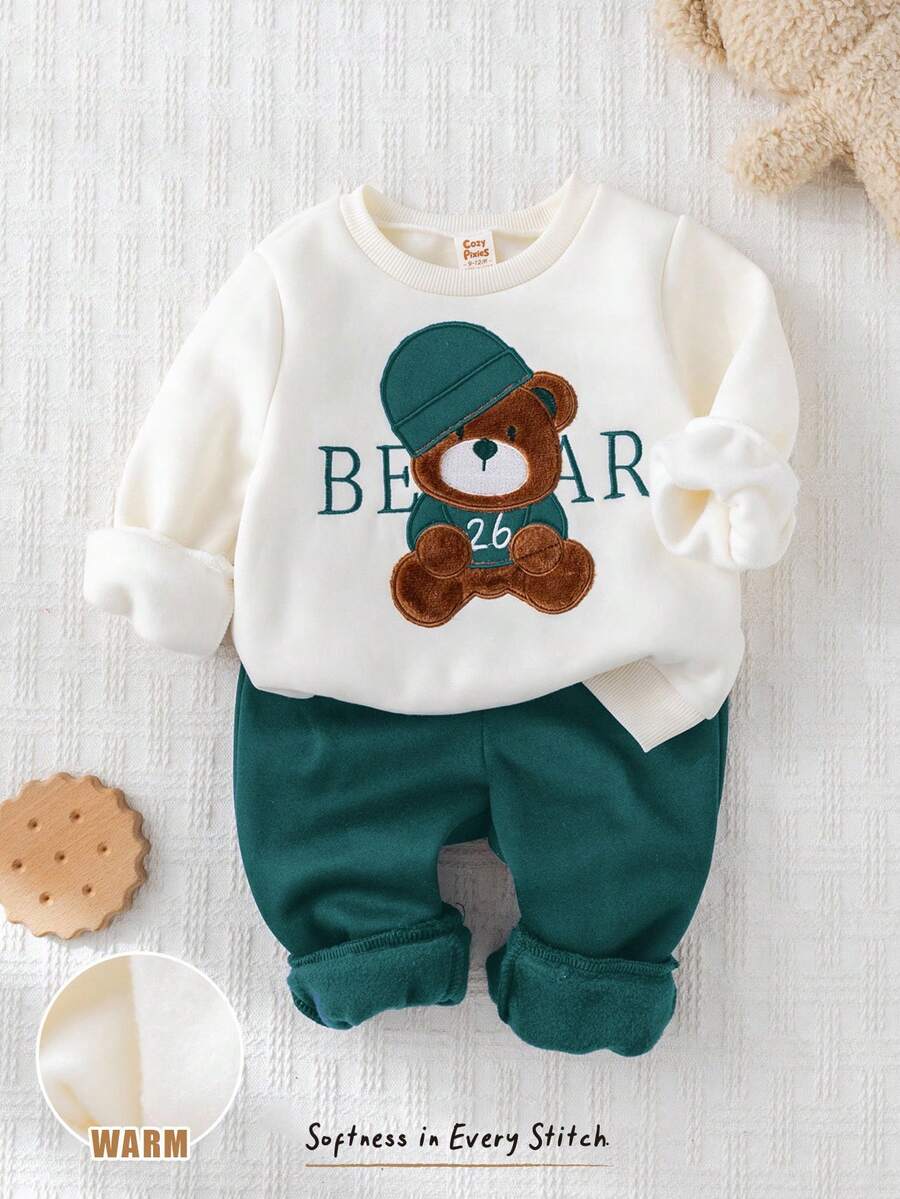 Cozy Pixies 2件套男婴卡通熊刺绣针织柔软圆领长袖卫衣和松紧腰保暖裤套装 - 墨綠色 - 查看 1