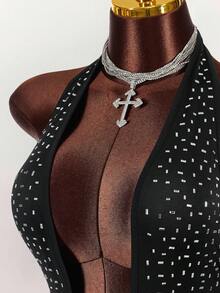 Bộ đồ liền thân hở lưng cổ chữ V sâu đính đá Rhinestone Y2K Amplova thời trang gợi cảm dành cho nữ, lý tưởng cho các bữa tiệc và tạo nên phong cách riêng. Bộ đồ liền thân đính đá Rhinestone màu hồng - màu đen - Xem 4