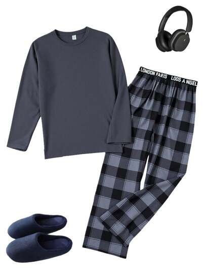 SHEIN 2pcs/Set Casual Crew Neck Long Sleeve T-Shirt And Plaid Pants Pajama Set For Teenage Boys, Suitable For Loungewear, Commuting, School, Daily Casual, Travel, Outdoor, Party, Autumn/Winter Teen Boy Pajama Set Boys Plaid Pajama Set Teen Plaid Pajamas Long Sleeve Pajama Set Boys Fall Autumn And Winter Boys Lounge Set Plaid Pajamas Boys Sleep Wear For Boys Boys Pajama Set Boys Night Clothes Pyjama Pajamas PJs