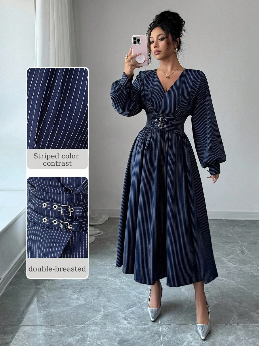 Modelyn 女式长袖交叉领口收腰A字条纹蓝色连衣裙 - 藍色 - 查看 1